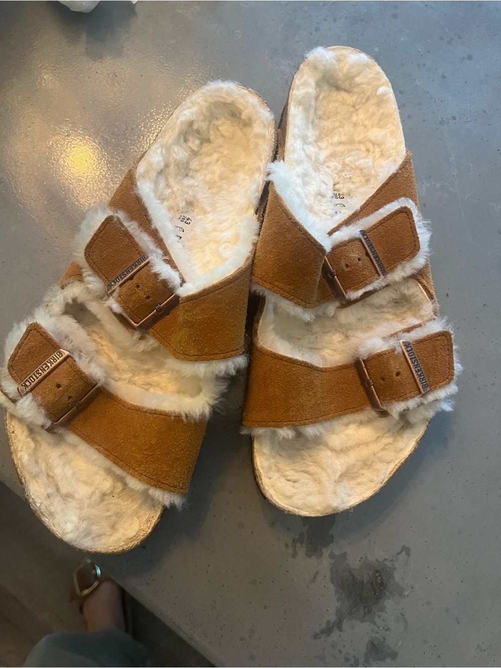 Birkenstock Brown Suede Shearling Double Strap Slides